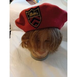 Red Wool Beret Hat with Crest Emblem - Imported - One Size Fits Most